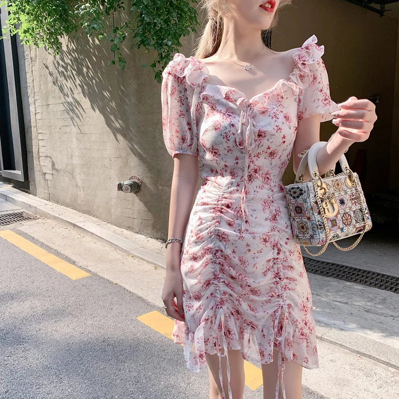 2020 новое летнее винтажное красное шифоновое платье с цветочным принтом тонким