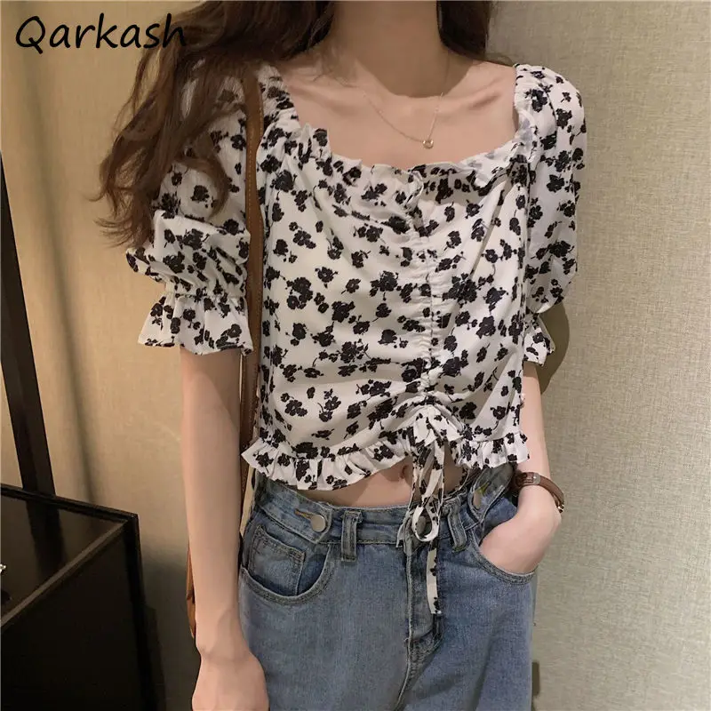 

Blouses Women Charm Lady Summer Retro All-match Streetwear Crops Chic Folds Design Ulzzang College Aesthetic Mujer Casual Print