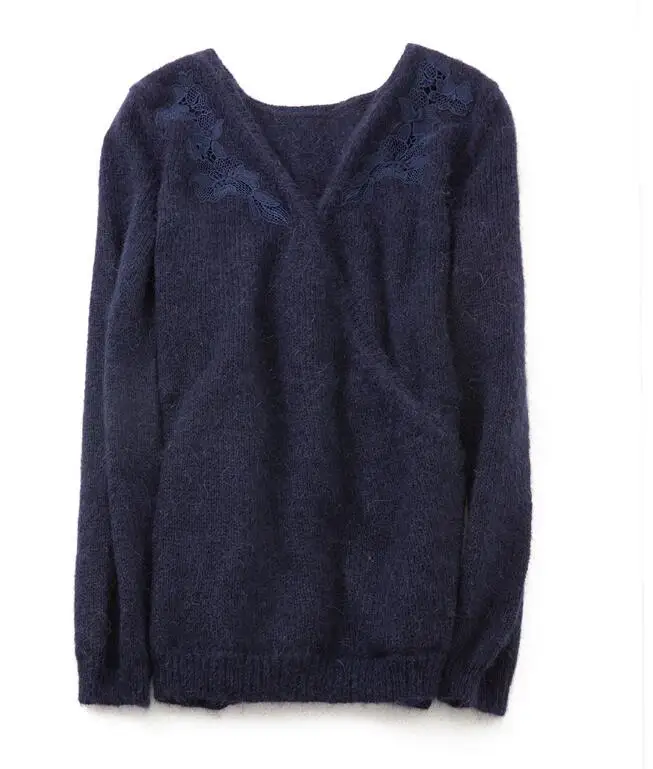 

new sweater women Elegant Woman Hot Sale Lace Embroidery Throw Wool Mohair V Neck Sweater Pullovers ropa mujer