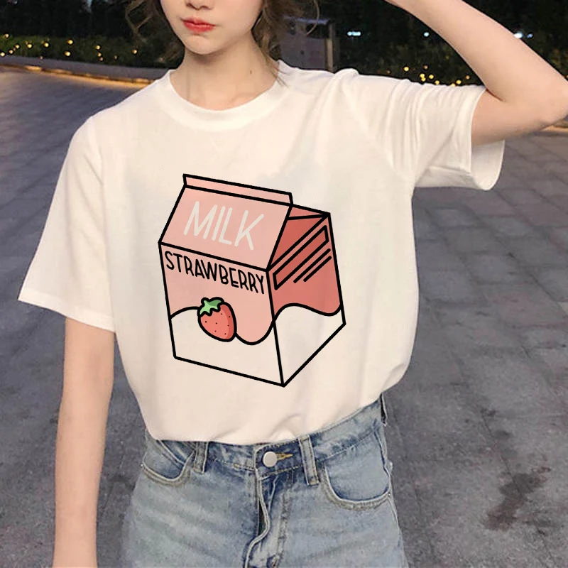 

Women's T-shirt Graphic Peach Juice Japanese Rock Basic O-neck T-shirt Lady Harajuku Kawaii Pink Beautiful Summer Casual T-shirt