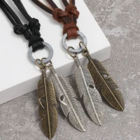 metal feather pendant necklace for men jewelry vintage handmade braided adjustable leather statement necklaces