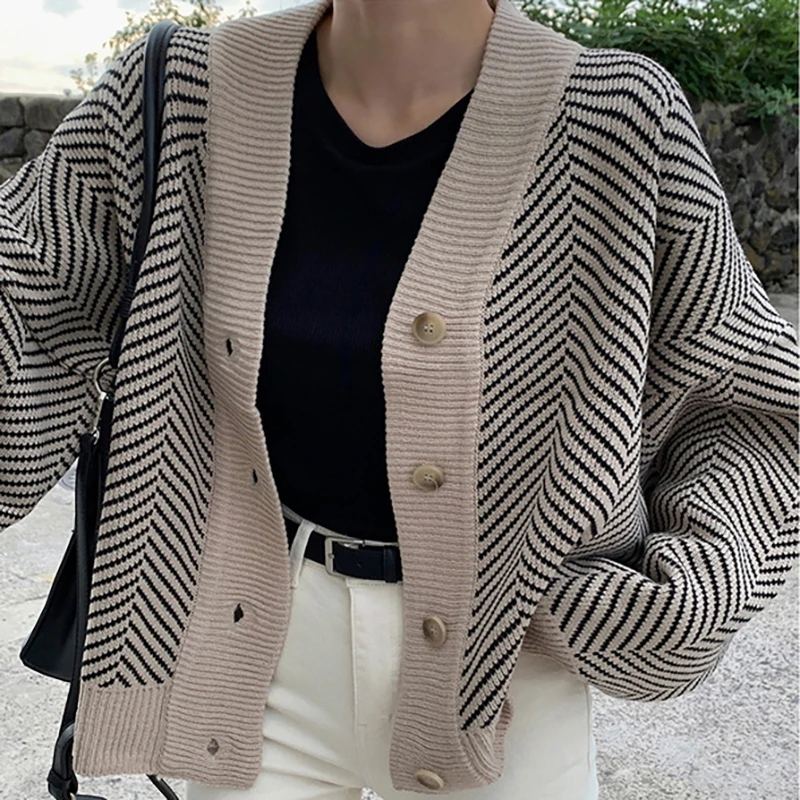 

Knitted Striped Cardigan Sweater Women Fashion Patchwork Top Spring ZA 2020 Long Sleeve Casual Outwears V Neck Buttons Coat