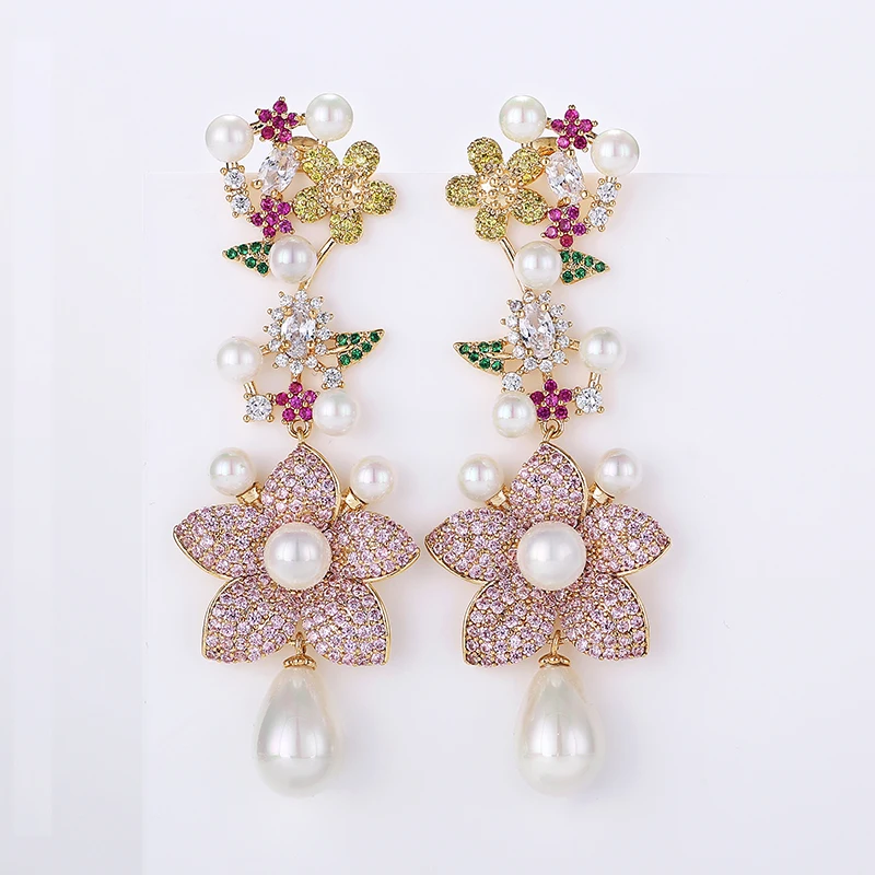 Женские серьги подвески с цветком и жемчугом роскошные свадебные вечерние