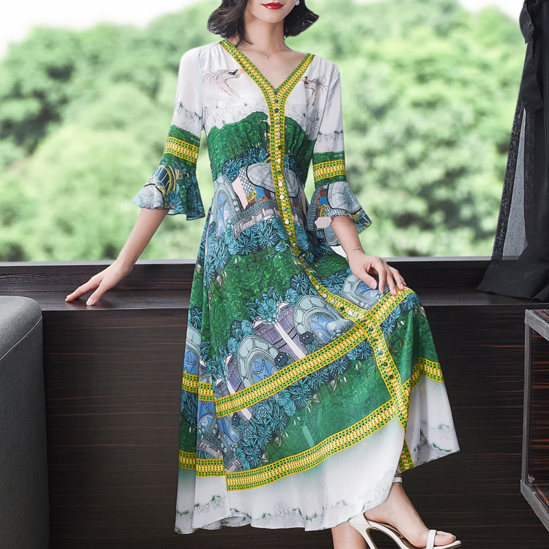 Новинка 2020 модное зеленое шелковое платье с принтом и расклешенными рукавами