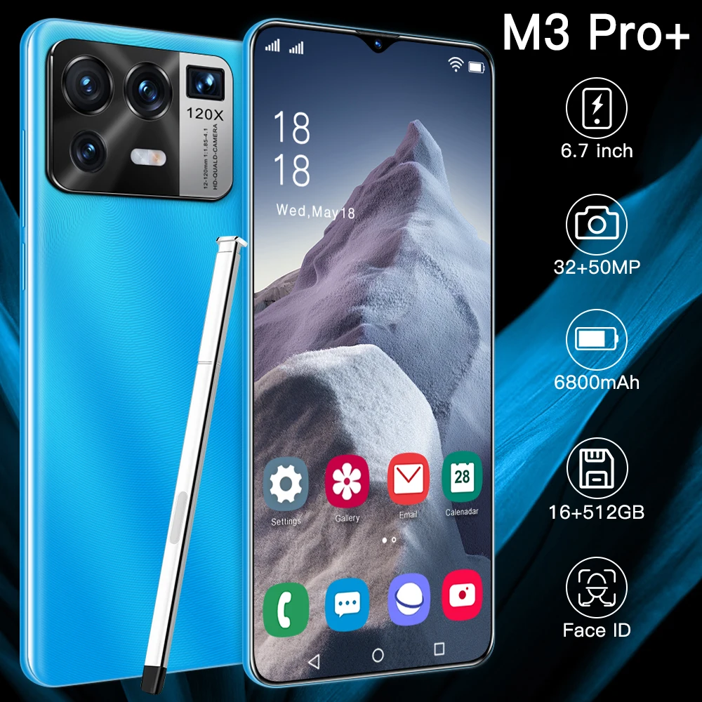 

2021 Global Version M3 Pro 6.7 Inch Smartphone 12+512G 6800mAh Android 10.0 Face Unlock Support Google Play 5G Cellphone