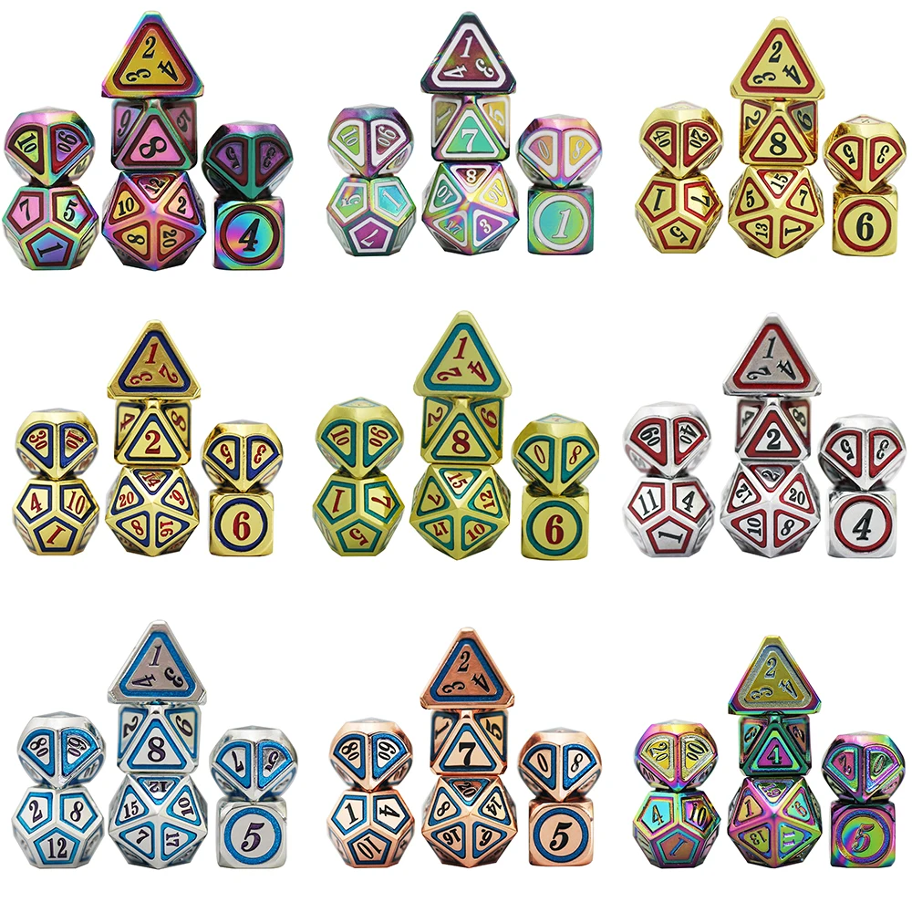 Металлические игральные кости с блестящим эффектом набор из 7 смешанных цветов + 1