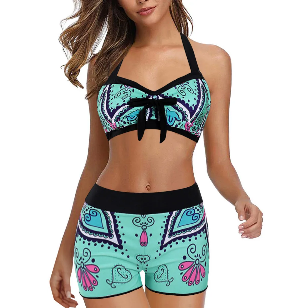 

Swimwear Women Bikini 2022 Plus Size Ethnic Print Two-piece Suits Swimjupmsuit Tops Swimsuit With Short Pants Beachwear Padded
