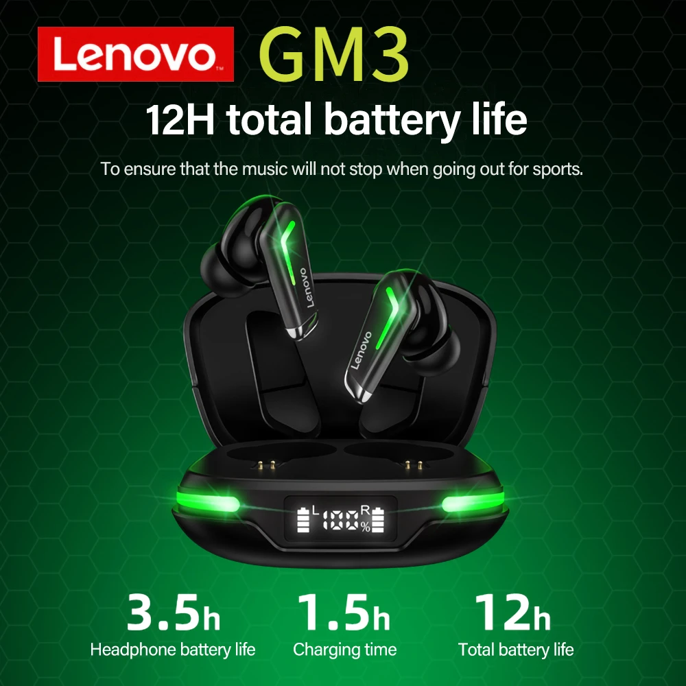 

New Lenovo GM3 TWS Gaming Headset Bluetooth Headphone Long Battery Life Bass Wireless Earphone With Digital Display Gamer Phone