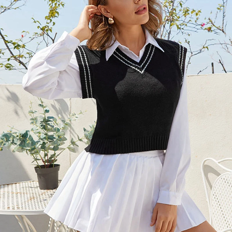 

Women'S Vest Basic Contrast Color Line Vest V-Neck Everyday Knitted Fashion Sleeveless Jacket Women
