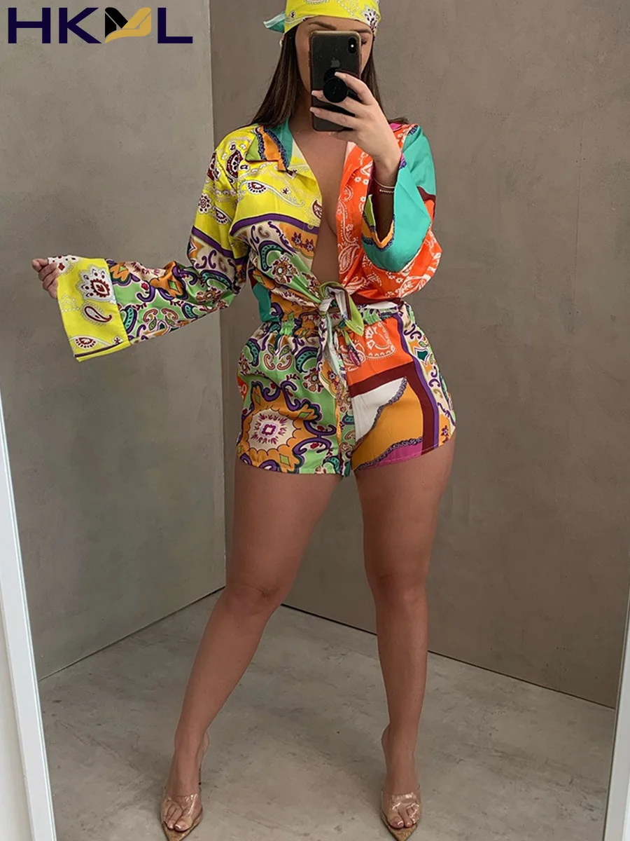 

Summer Women Two Piece V-NeckLong Sleeve Tie Vintage Printed Single-Breasted Front Shirt & High Street Casual Shorts Set