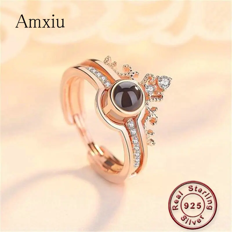 Amxiu Two Pieces 100 languages I love you Projection Ring 925 Silver Adjustable Crown Zircon Rings Open For Women | Украшения и