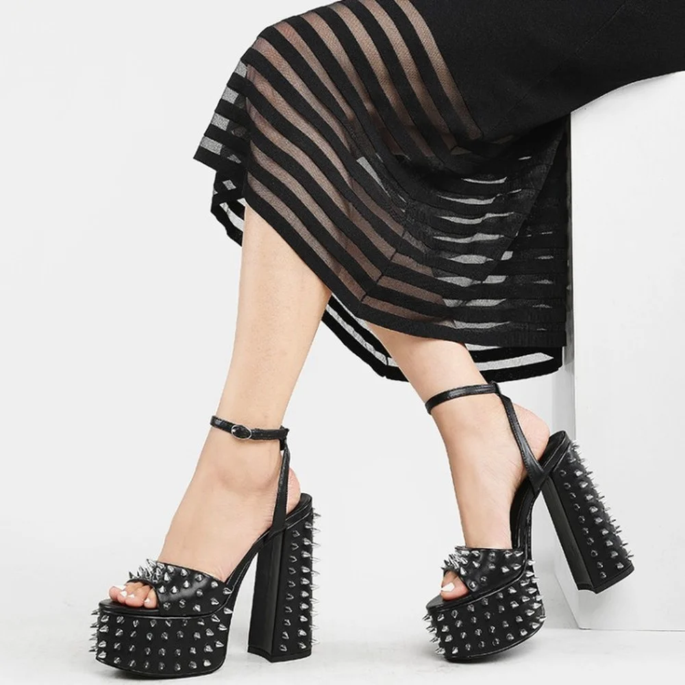 

Womens 6.1" High Heel Platform Rivet Studs Block Heels Sandals Slingbacks Shoes Punk Leather Black Gold Sliver Pink New 2021