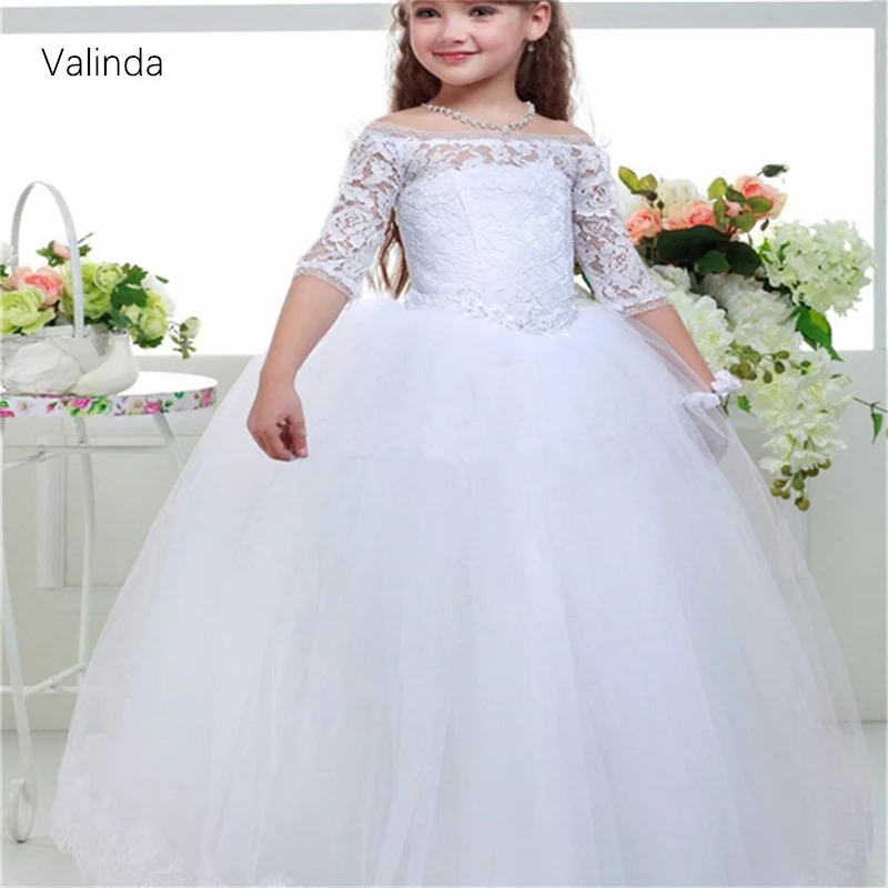 

White First Communion Dresses with Half Sleeves Flower Girl Dress Wedding Party