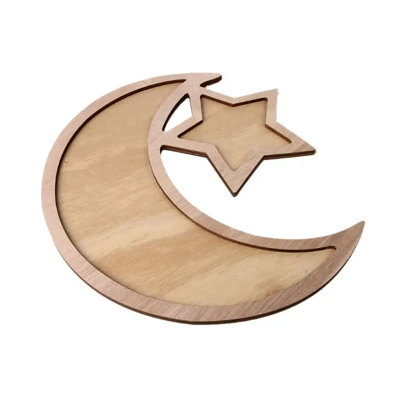 

Rustic Wooden Crescent Moon Srar Eid Ramadan Party Food Serving Tableware Dessert Pastry Tray Display Holder Decor Ornament W3JA