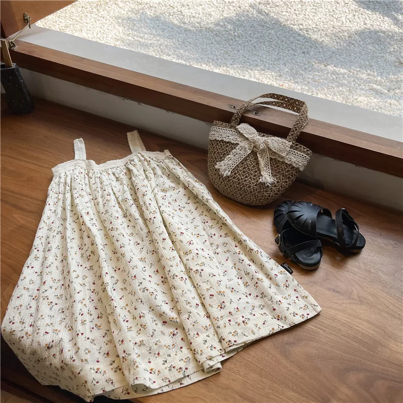 

2021 Summer Children's Clothing Bamboo Cotton and Hemp Crushed Flower Sling Breathable Girls Dress