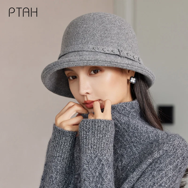 

[PTAH] Women Soft Tweed Hats British Style Vintage Church Caps Temperament Gentleman Elegant Winter Warmer Fedora Woolen Beanies