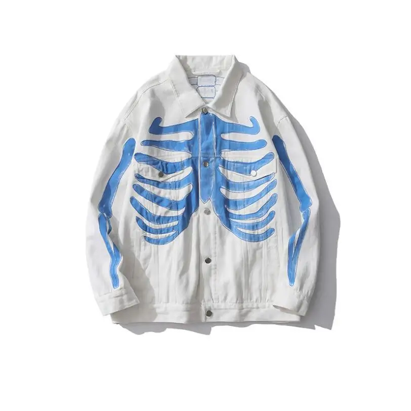 

Куртка мужская джинсовая в стиле хип-хоп, модная уличная одежда из денима со скелетом, в стиле панк, с ручной росписью, w2185