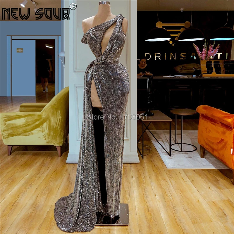 Женское вечернее платье с блестками разрезом на боку для выпускного вечера