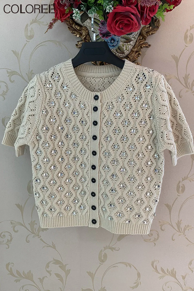 

Runway Designers Tops Women 2021 Luxury Crystal Short Sleeve Knitted Sweater Women White Cardigan Mujer