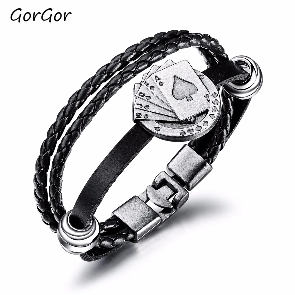 

Лидер продаж, стильный ретро минималистский стиль, покерный кулон, ювелирные изделия, тканый Кожаный Плетеный дизайн, мужской браслет 1328