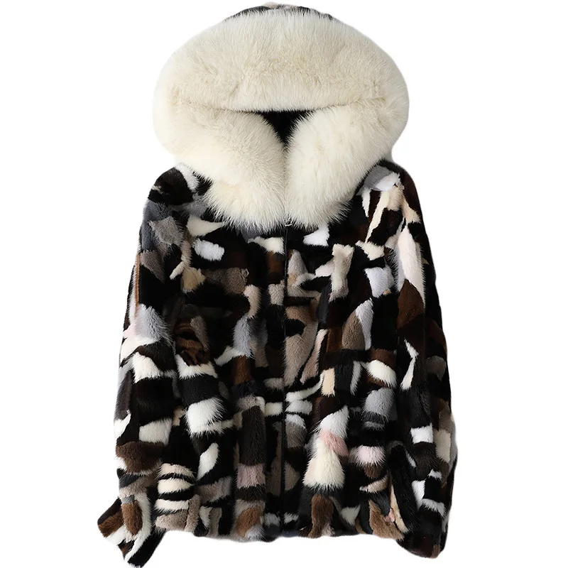 Fox Fur Collar Hooded Mink Coat Autumn Winter New Multicolour Women Mink Fur Grass Jacket Printed  Zipper Splicing Soft Outwear