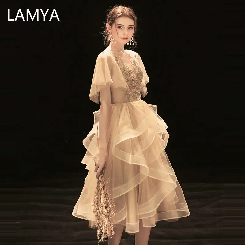 LAMYA элегантные асимметричные платья цвета шампанского для выпускного вечера с V