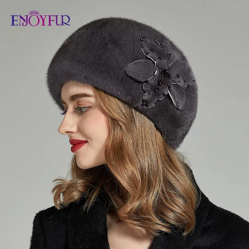 Женская меховая шапка ENJOYFUR, теплая шапочка-берет из цельного куска натурального меха норки с цветком на зиму