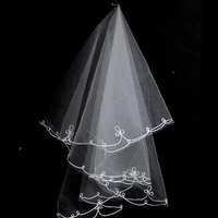 one layer women short fingertip length tulle wedding veil spiral wavy satin ribbon trim solid sheer thin bridal veil bridal