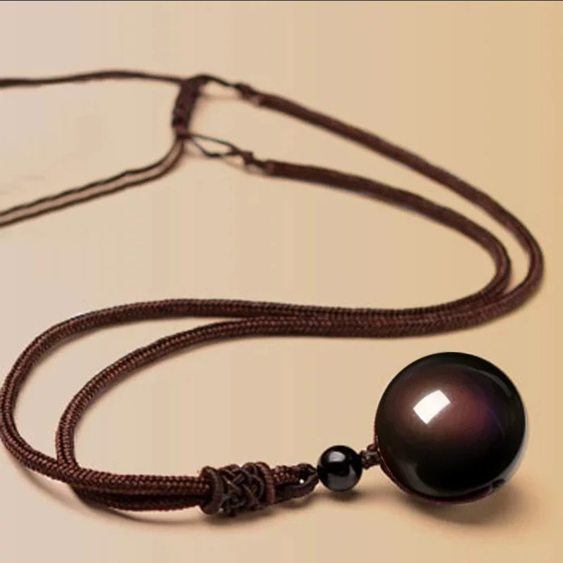 Ожерелье из натурального черного обсидиана с радужным глазом и шариком удачи