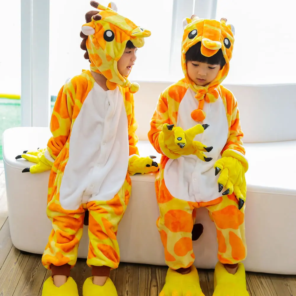 

Kids christmas pajamas winter warm flannel dinosaur pajamas cartoon animal boy girl with hat new children's one-piece pajamas