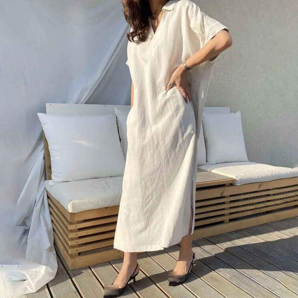 

2021 Summer New Fashion Temperament Simplicity Split Fork V-neck Solid Color Loose Casual Women's Dress