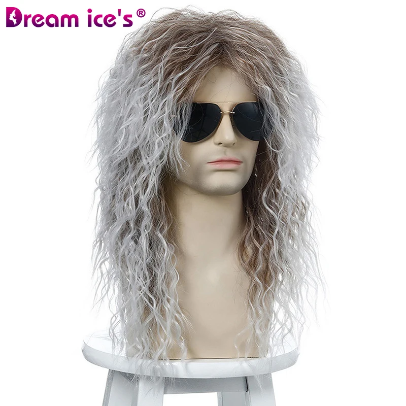 Peluca de cabello rizado largo sintético para hombres jóvenes, cabellera de fibra de alta temperatura, Color negro y gris, con flequillo, para Cosplay, Dream ICE e s