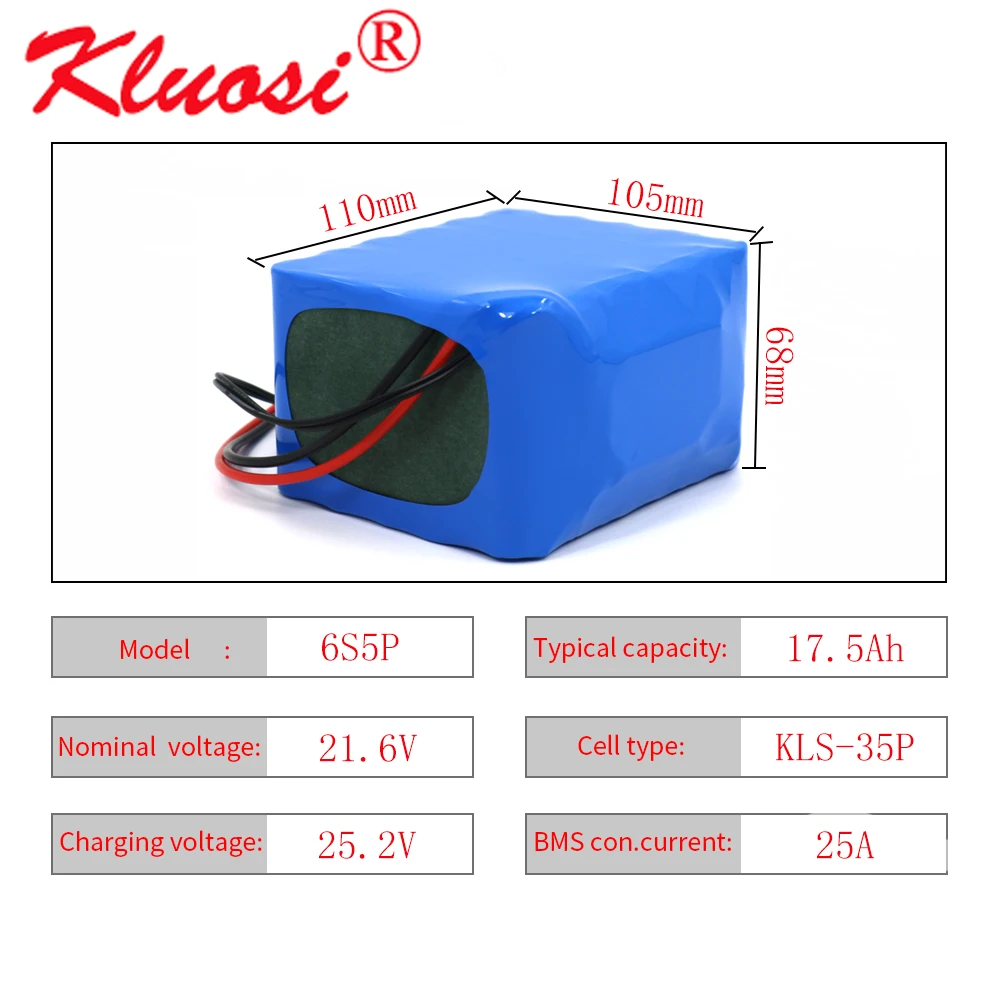 

Литиевый аккумулятор KLUOSI 24V 175ah 21,6 V 18Ah 6S5P 25,2 V с 25A BMS для электровелосипеда, скутера, инвалидной коляски