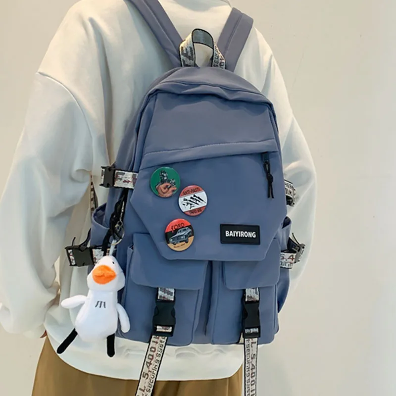 Nylon Backpack for Boy Girl School Backpack Double Pocket College Student School Bag Simple Women Backpack