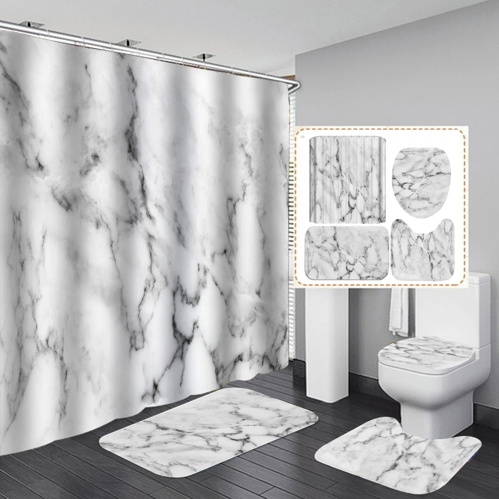 

Marble Ink Texture Shower Curtain 4 Piece Soft Bathroom Set Luxurious Graphic Print Polyester Fabric with Hook Shower curtains