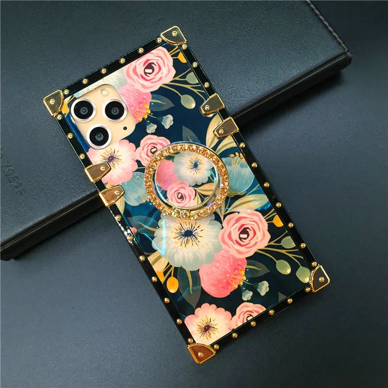 Blue Ray розовый цветок для iphone 11 Pro X XR XS Max 8 7 Plus квадратные чехлы для телефонов для samsung Galaxy S9 Plus Note 10 8 9 чехол - Цвет: 1With Ring