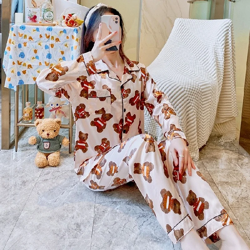 

Women's Pajamas Autumn New Ice Silk Suit Satin Sleep Home Wear Sleepwear Sleepwear Woman Pijama Set