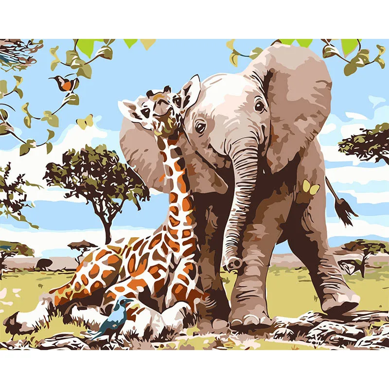 Elephant And Giraffe Paint By Numbers Coloring Hand Painted Home Decor Kits Drawing Canvas DIY Oil Painting Pictures By Numbers