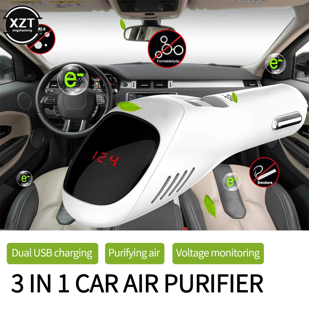 Car Air Purifier 12V 24V Negative Ions Cleaner Ionizer Freshener Auto Mist Dual USB Fast Charger HD Digital Display | Автомобили и