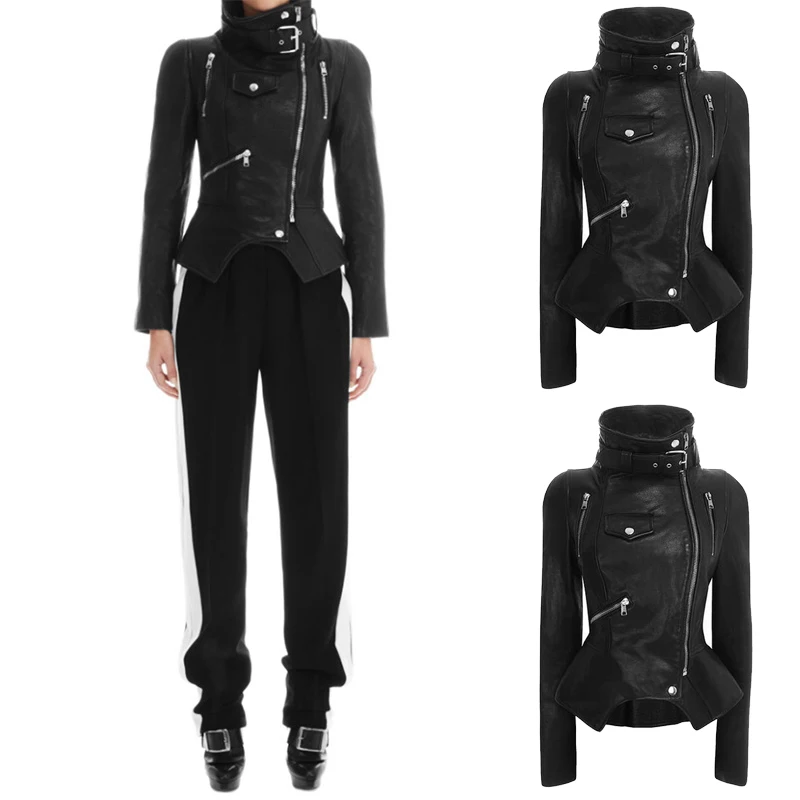 Мотоциклетная байкерская куртка, женская, черная, однотонная, с лацканами, на молнии, короткая кожаная одежда от AliExpress RU&CIS NEW