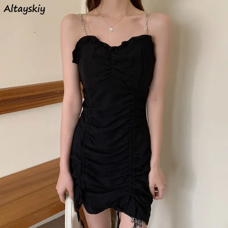 

Женское платье без рукавов, Дизайнерское черное мини-платье на бретелях-спагетти с цепочкой в стиле ольччан, женское платье в стиле Харадзю...