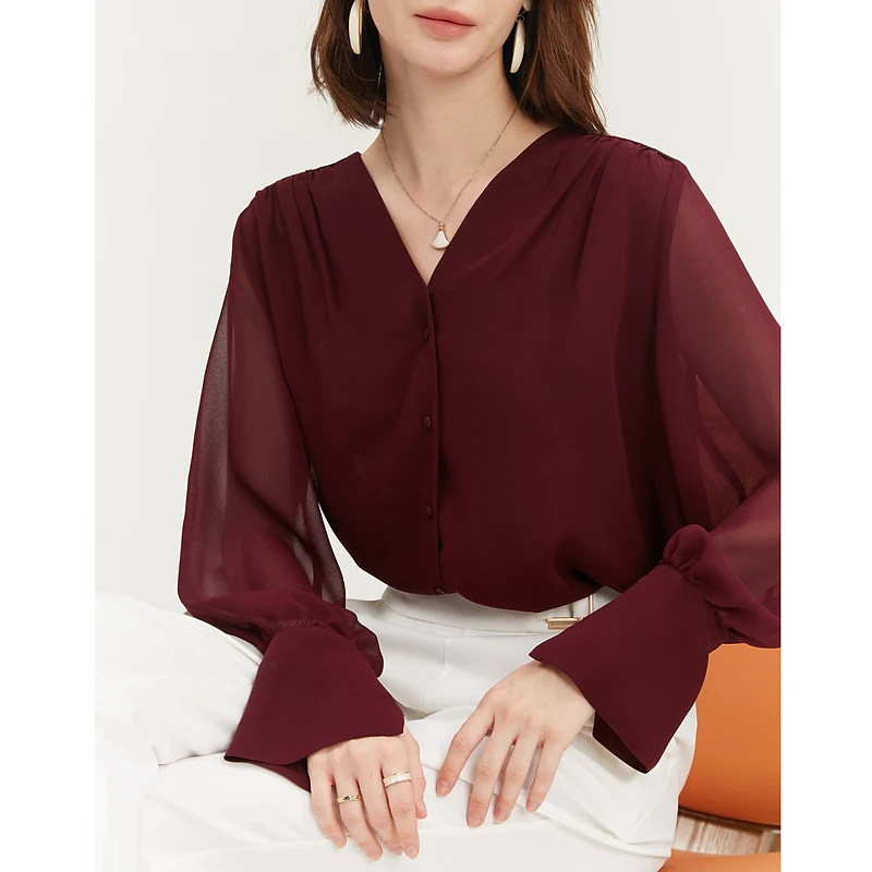 

Silk Double Layer Shirt Femininity V-neck Design Shirt Mulberry Silk Long Sleeve Top New Women's Clothing In Autumn FAKUNTN 2021