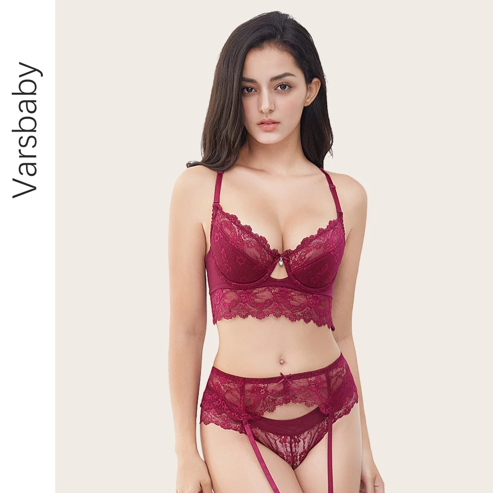 

Комплект кружевного нижнего белья Varsbaby, хлопковый, с пуш-апом, с бюстгальтером, трусиками, Y-образными бретелями, 3 шт.
