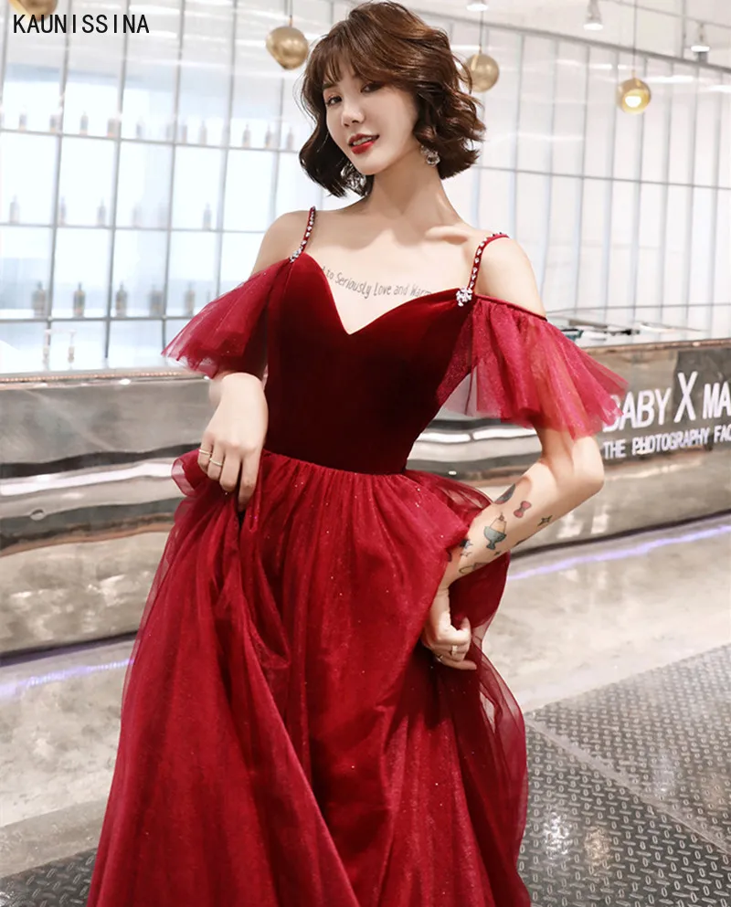 

KAUNISSINA Sexy V-neck Evening Dress Robe De Soiree Spaghetti Strap Tulle Formal Dresses A-Line Long Gown Vestido De Festa