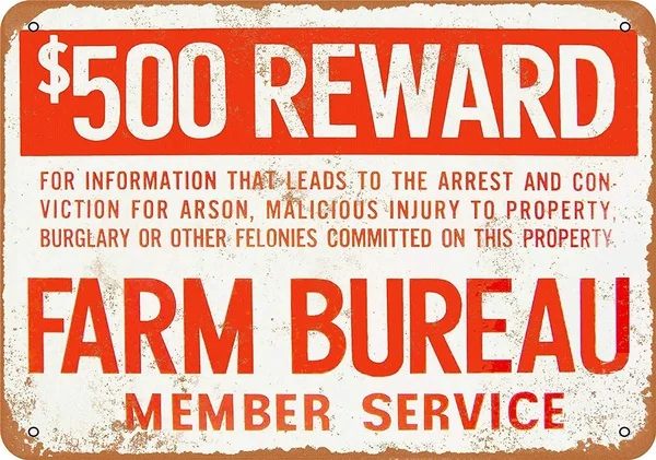 

Farm Bureau Reward for Crimes Tin Sign art wall decoration,vintage aluminum retro metal sign,iron painting