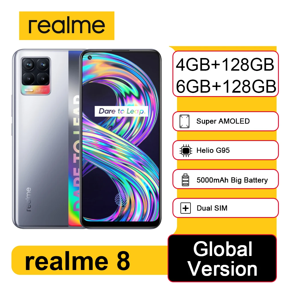 Перейти на Алиэкспресс и купить Realme 8 6 ГБ Оперативная память 128 Гб Встроенная Память 30W зарядное устройство мобильный телефон на процессоре Helio G95 смартфон на базе восьмияде...