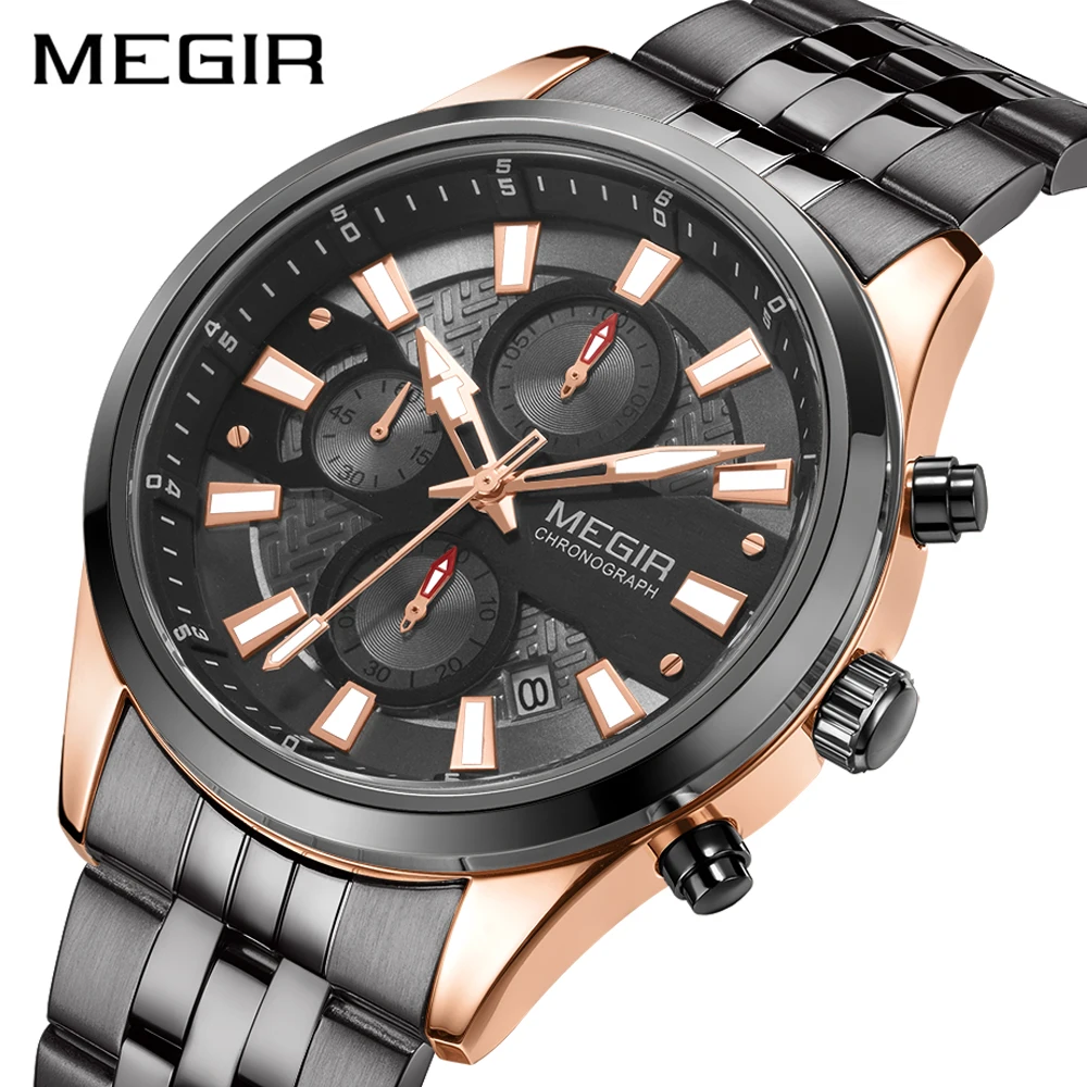 

MEGIR Quartz Watches Men Top Luxury Brand Rose Gold Sport Waterproof Men Chronograph Date Male Business Clock Relogios Masculino