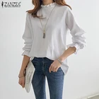 Женская рубашка с длинным рукавом, с оборками, в Корейском стиле, повседневные однотонные белые топы для офиса, Блузы туники