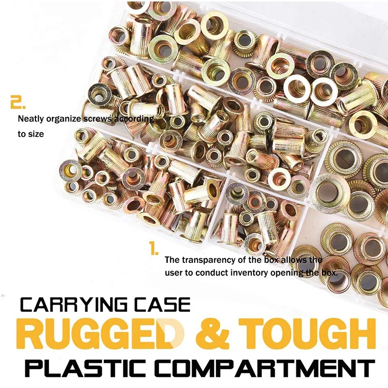 

150Pcs Carbon Steel Color Zinc Plating Unc Rivet Nuts ortment Kit,Flat Head Threaded Insert Nutserts ort
