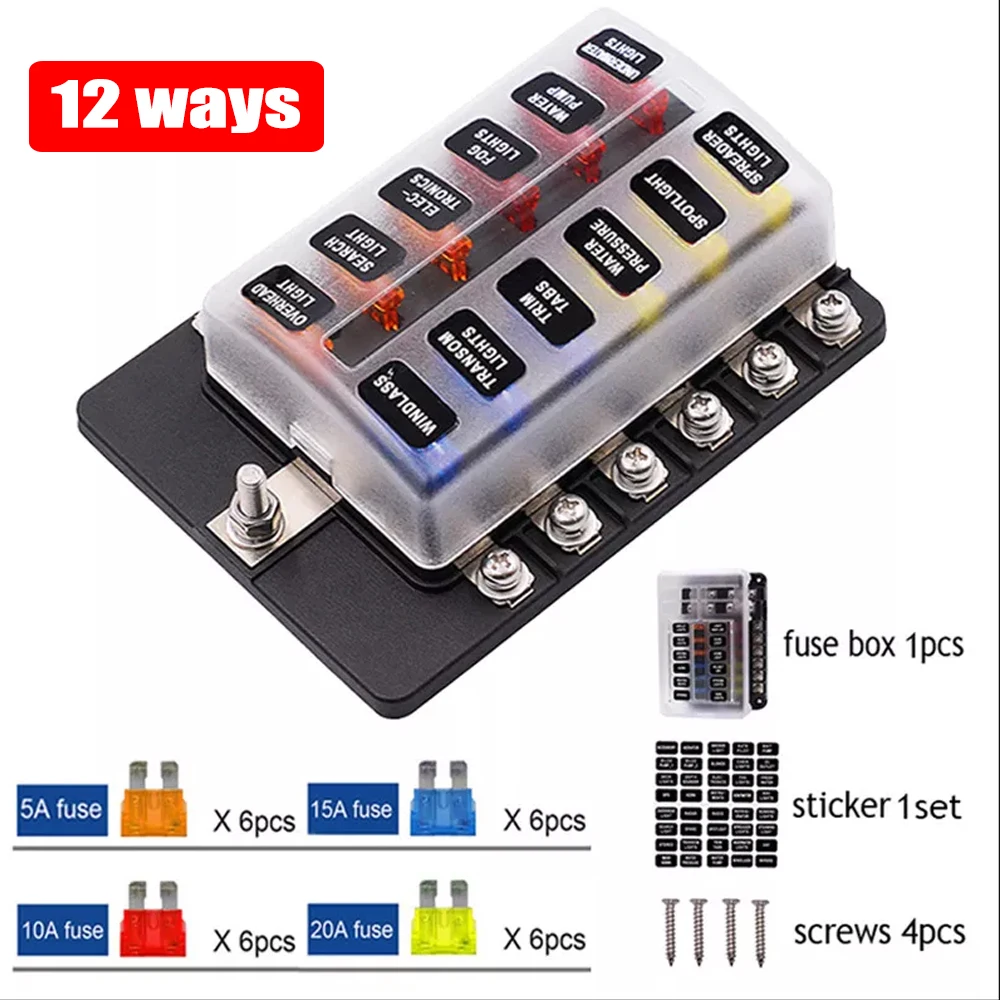 

12Ways Fuse Box Standard Blade Fuse Box Holder Block With Negative Bus Protection Cover LED Warning Light for Auto Car Boat